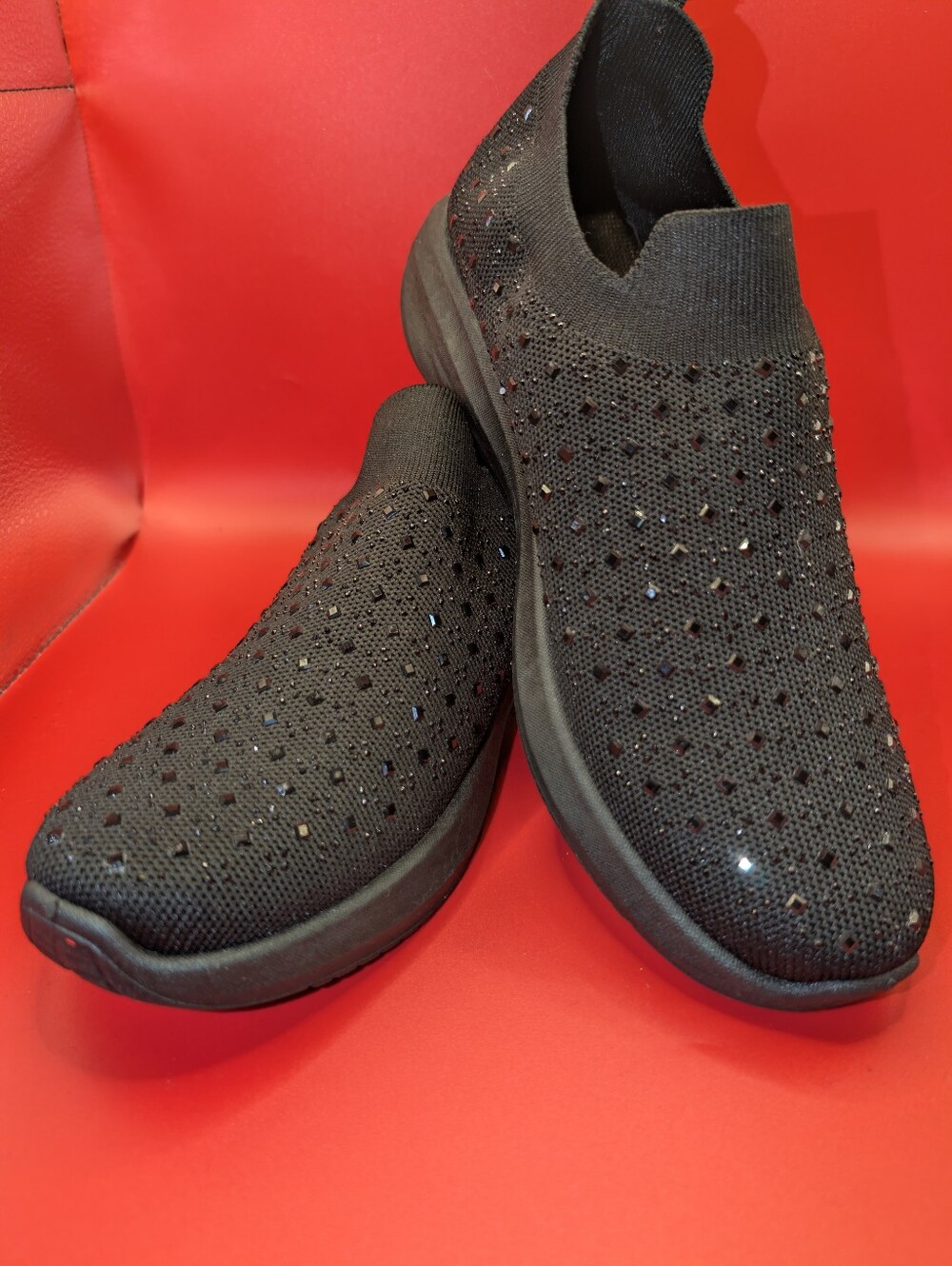 Black Slip-On Knit Sneakers with Crystal Accents - Women